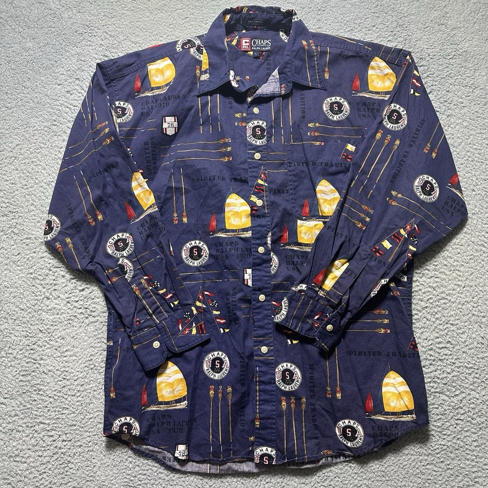 Vintage Chaps Ralph Lauren Men's Sail Boat Yachting Preppy Button Down Size L